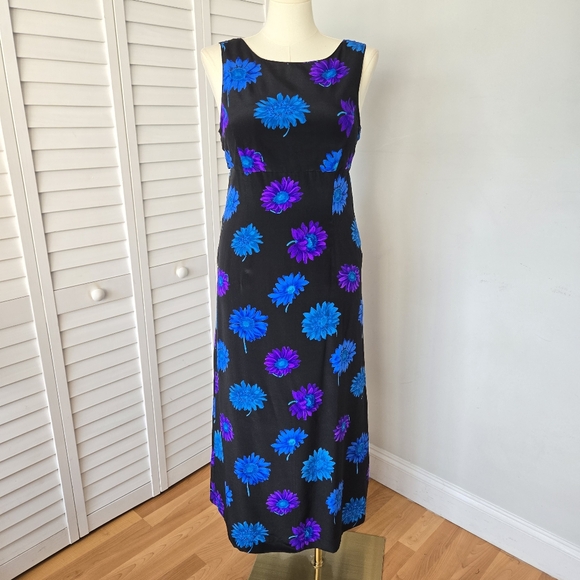 Spenser Jeremy Black Silk Floral Midi Dress Size 14 Back Bow Retro Y2K Elegant - Picture 1 of 12